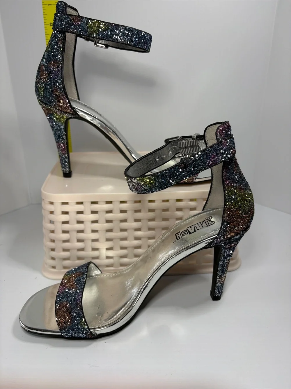 4.5” Brash rainbow Glitter Multicolor Ankle-Strap‎ Stilettos. Box 25